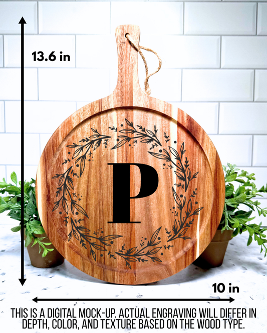 The Round Statement Last Name Letter Engraved | Charcuterie and Cutting Board – 13.6" x 10" Acacia Wood (Copy)