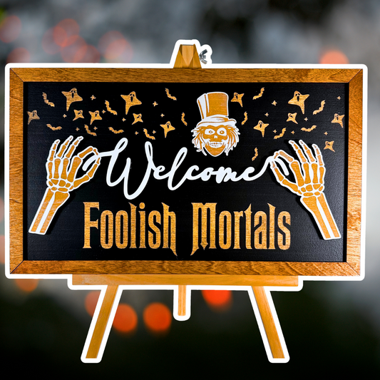 Welcome Foolish Skeleton Framed Halloween Sign