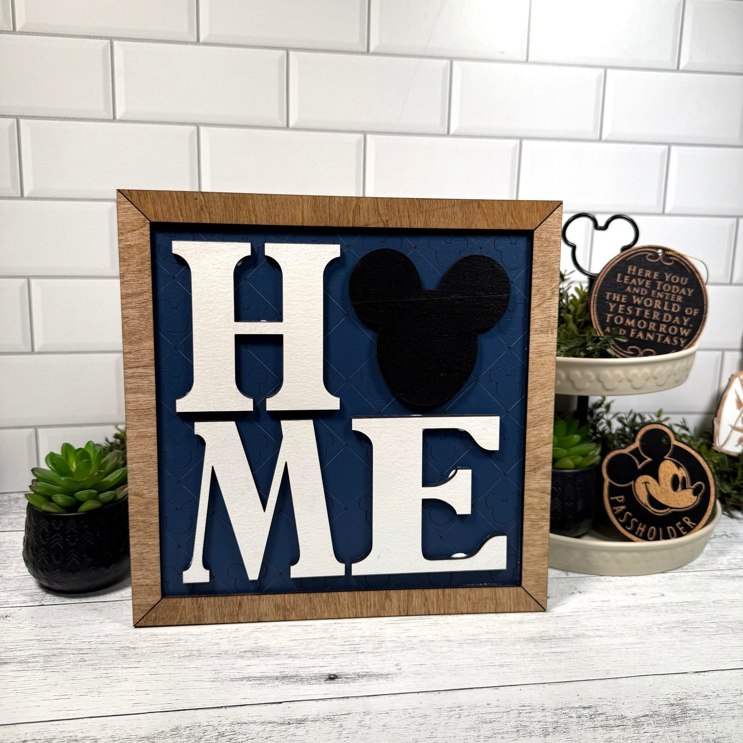 NEW Home Square Framed Sign | Blue Background | White Letters | Black Mouse Head