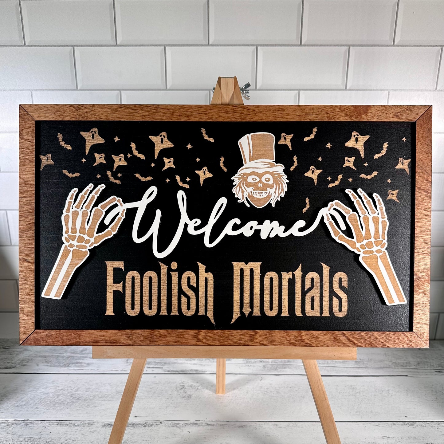 Welcome Foolish Skeleton Framed Halloween Sign