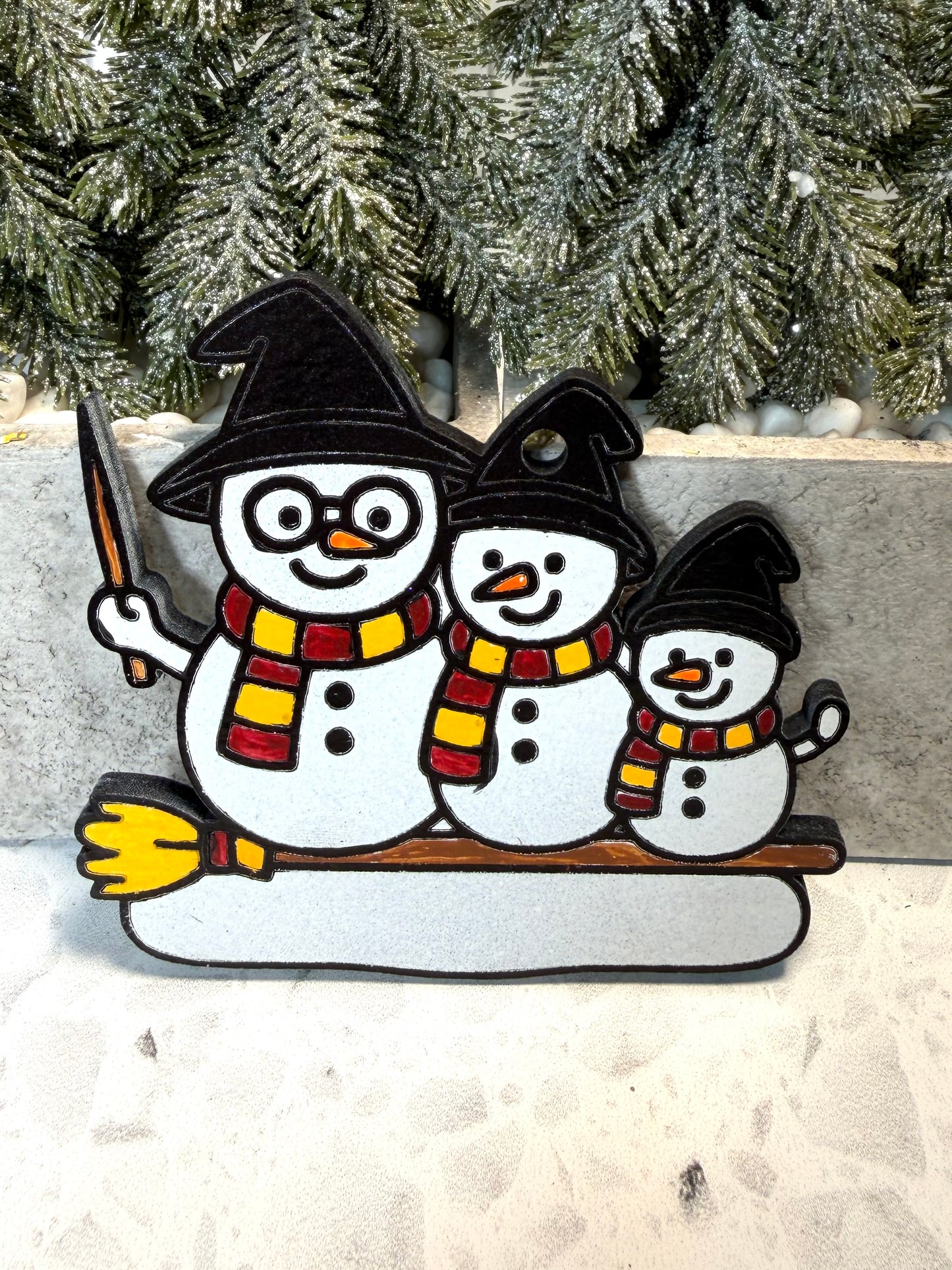 Wizard House Colors Family of Three Snowman Ornament—Peronalize