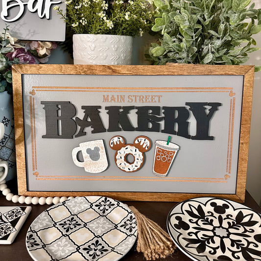 Main Street Bakery | Gray | Hot & Iced Coffee |Park-Inspired Framed Sign