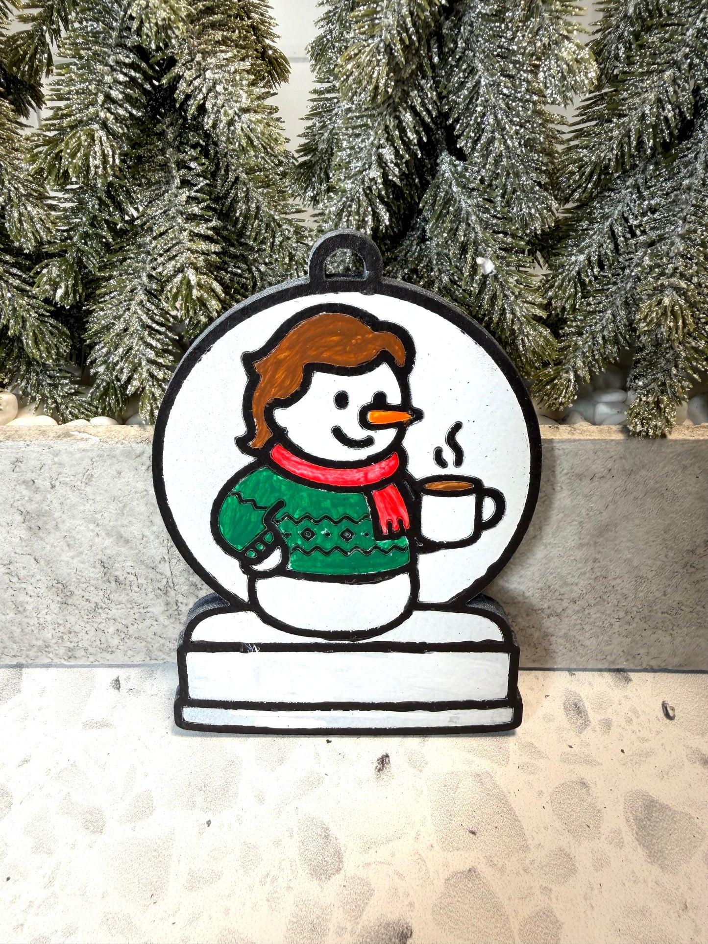 Cozy Coffee Lover Girl Snowman Ornament—Customizable