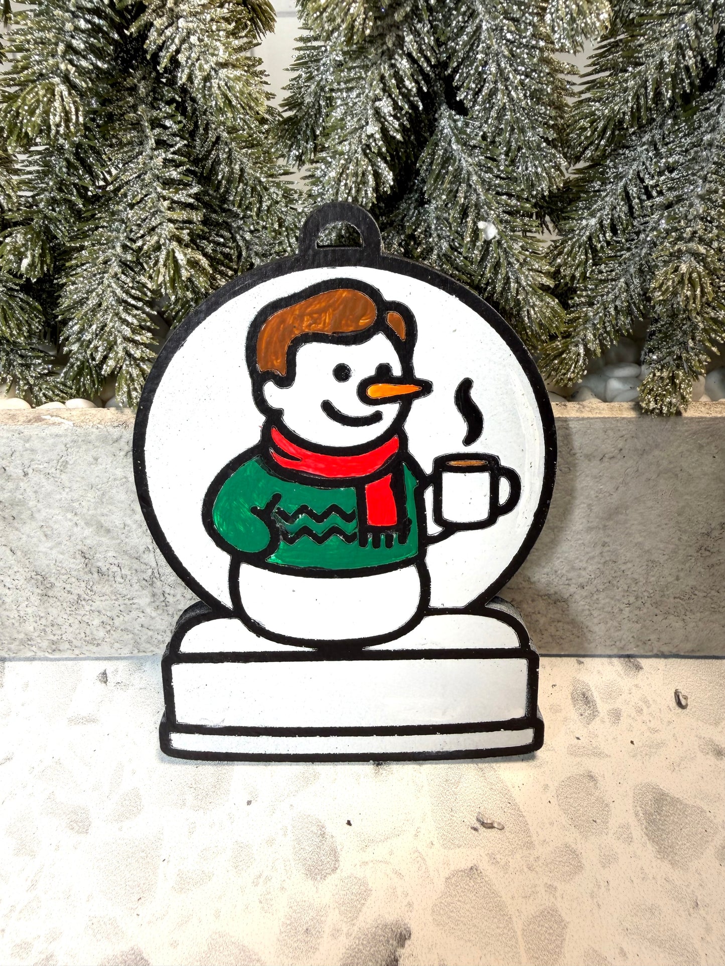 Cozy Coffee Lover Boy Snowman Ornament—Customizable