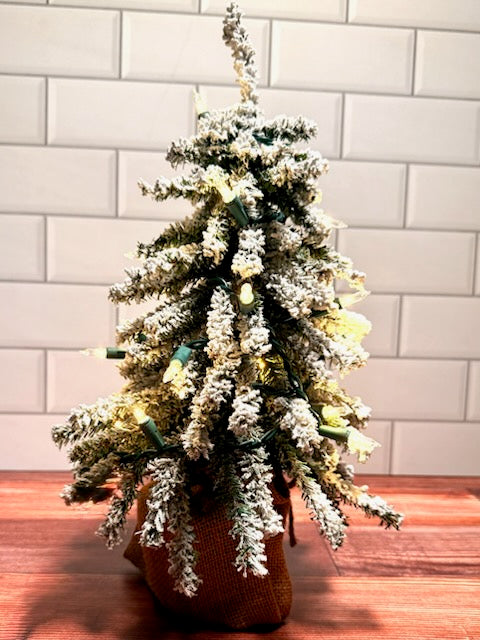 Happiest Thoughts | Enchanted Mini Christmas Tree Kit Flocked Mini Downswept Tree With Burlap Base, 15"