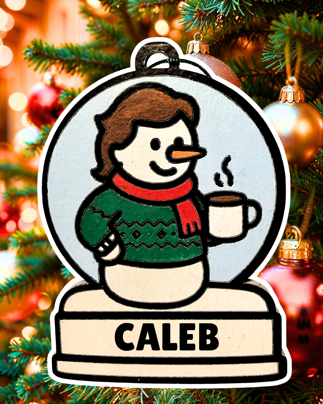 Cozy Coffee Lover Boy Snowman Ornament—Customizable