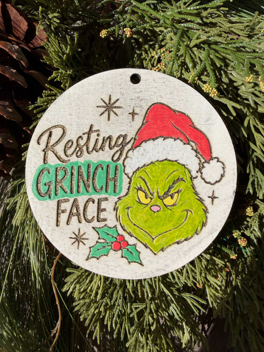 Resting Grinch Face | Hand-Painted Round Ornament