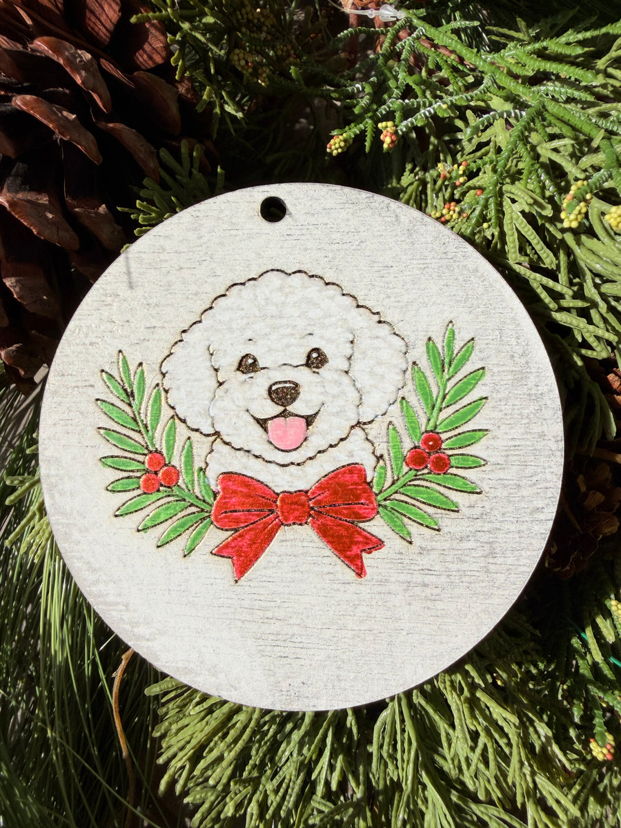 White Fluffy Dog & Holiday Bow | Hand-Painted Round Ornament