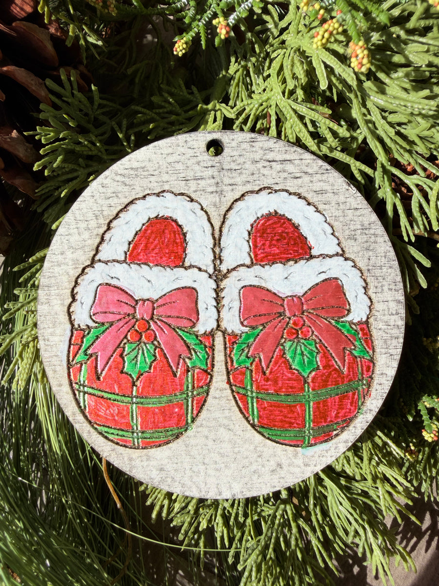 Cozy Plaid Slippers | Hand-Painted Round Ornament