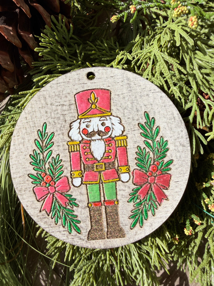 Pink & Green Nutcracker | Hand-Painted Round Ornament