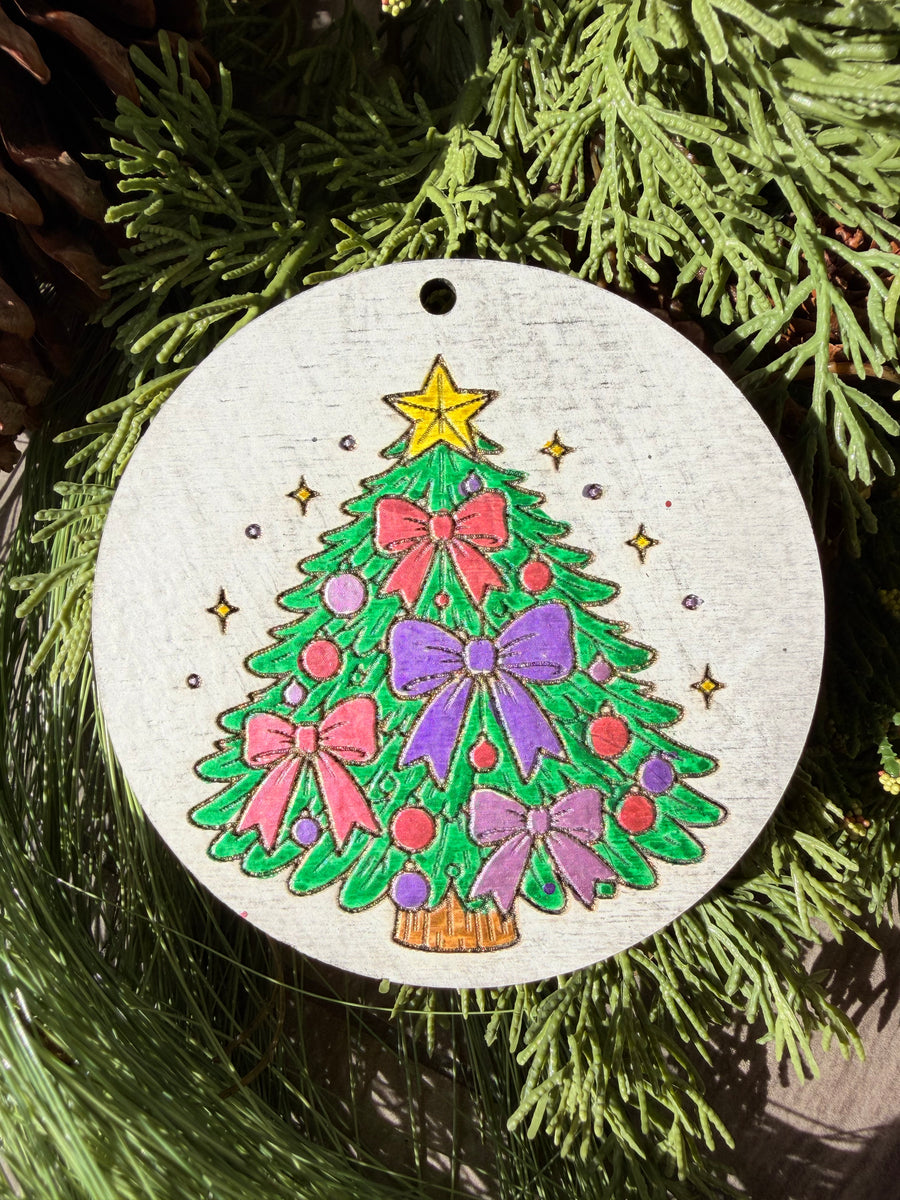 Christmas Tree with Pink & Purple Bows | Hand-Painted Round Ornament
