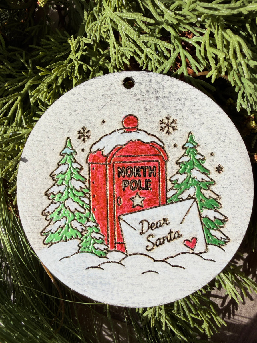 North Pole Mailbox | Hand-Painted Round Ornament