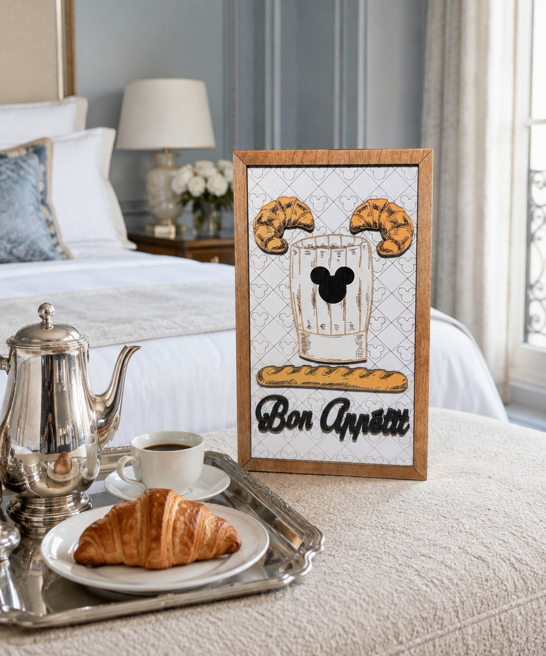 Bon Appetit French kitchen framed wood sign styled with a breakfast tray in a Parisian-style suite
