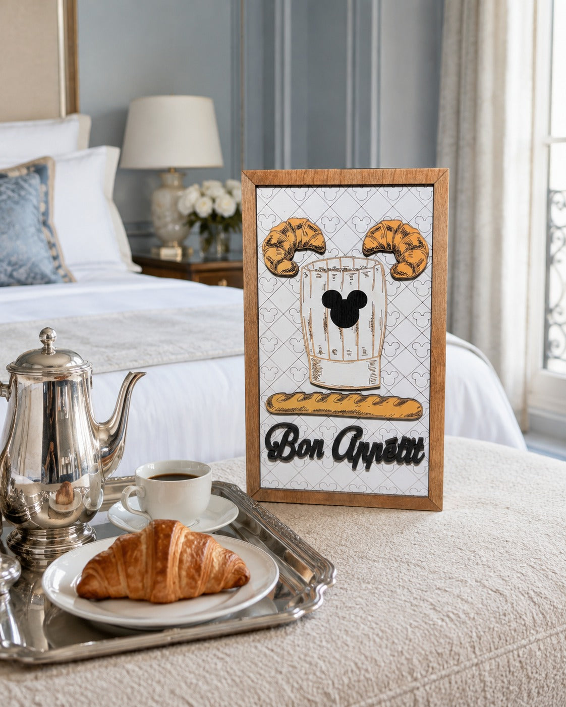 Bon Appetit French kitchen framed wood sign styled with a breakfast tray in a Parisian-style suite