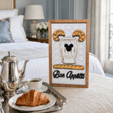 Bon Appetit French kitchen framed wood sign styled with a breakfast tray in a Parisian-style suite