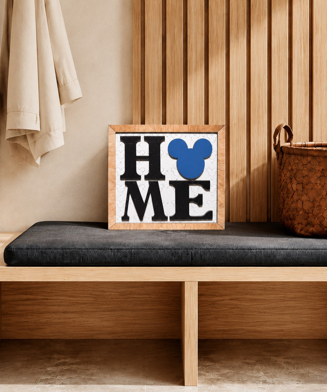HOME square framed wood sign with blue mouse head icon styled on a mudroom bench