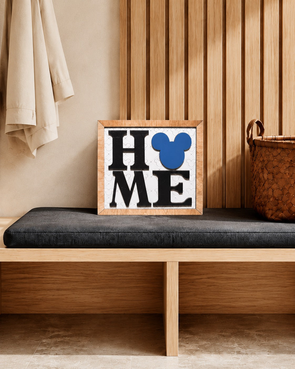 HOME square framed wood sign with blue mouse head icon styled on a mudroom bench
