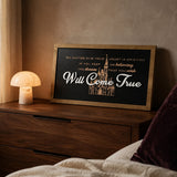 Dream That You Wish Will Come True castle lyric framed wood sign styled on a walnut dresser at dawn