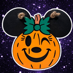 Winking jack-o-lantern mouse head Halloween sign with bow on starfield background