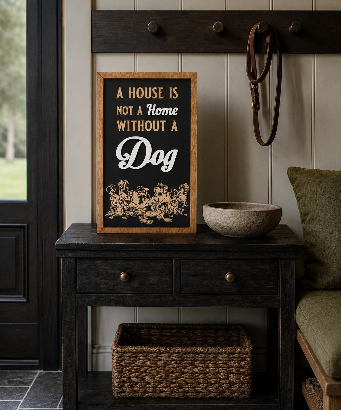 A House Is Not A Home Without A Dog framed wood sign styled on a black entry table in a boot room
