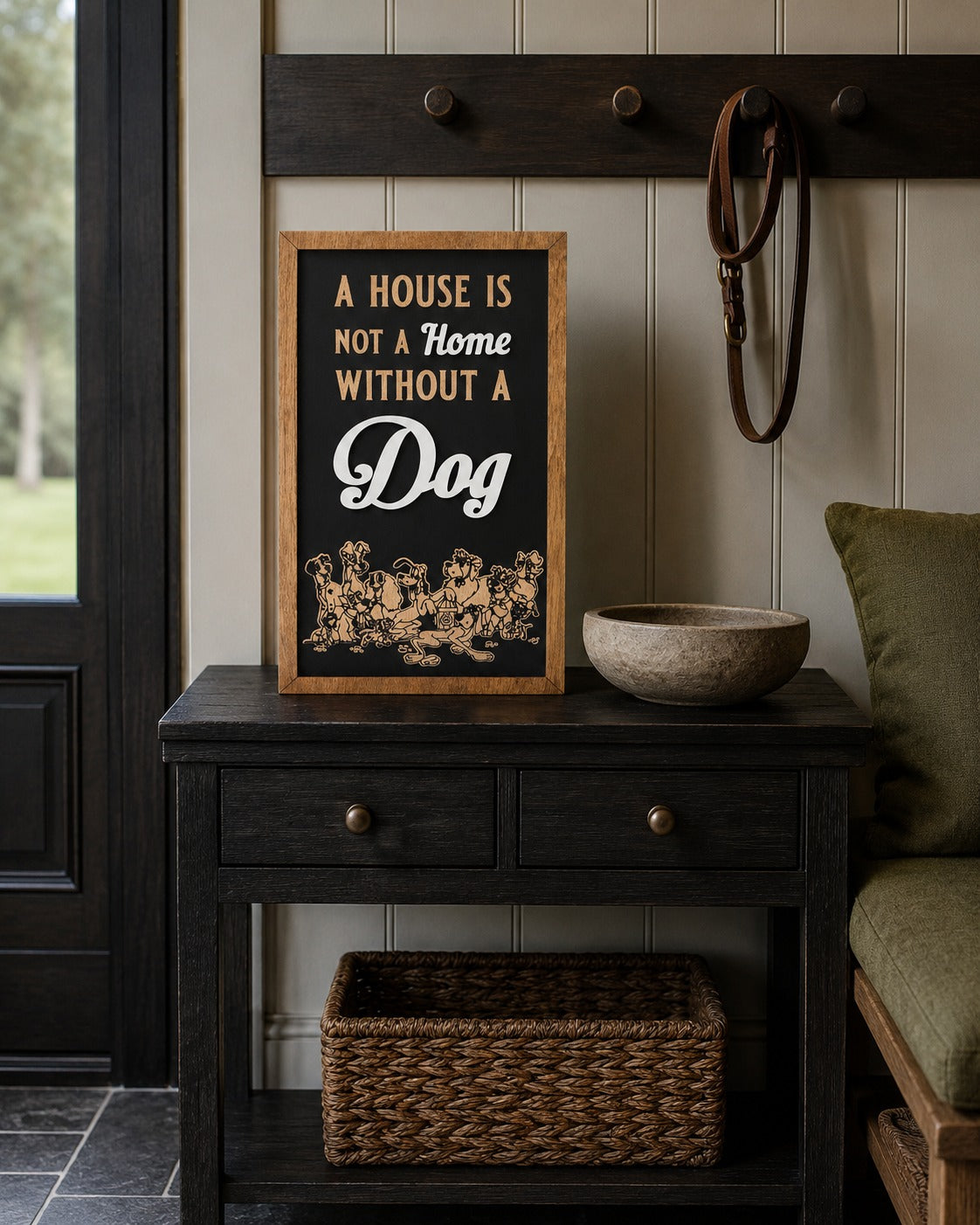 A House Is Not A Home Without A Dog framed wood sign styled on a black entry table in a boot room