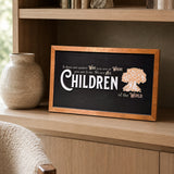 We Are All Children Of The World tree of life framed wood sign styled on an oak library shelf