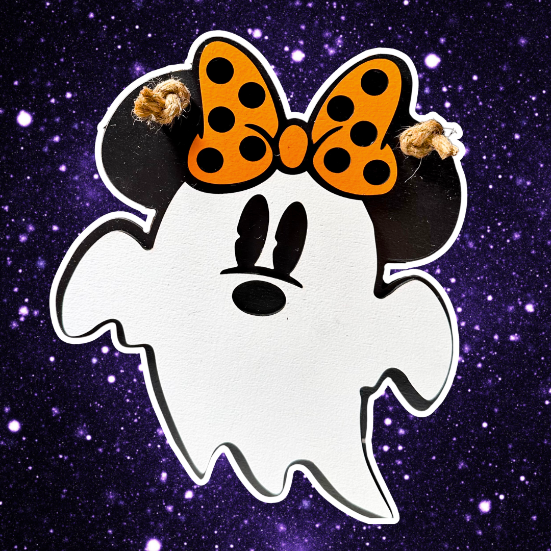 Ghost mouse head Halloween sign with polka dot bow on starfield background