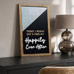 Reach Out And Find My Happily Ever After affirmation framed wood sign styled on a vanity