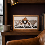 Happiest Sips On Earth coffee cups framed wood sign styled on a shelf in a luxury reading nook