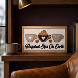 Happiest Sips On Earth coffee cups framed wood sign styled on a shelf in a luxury reading nook