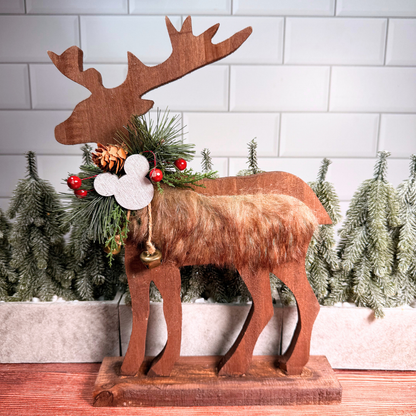 Magical Wooden Reindeer on Stand w/ Fur 13.5"