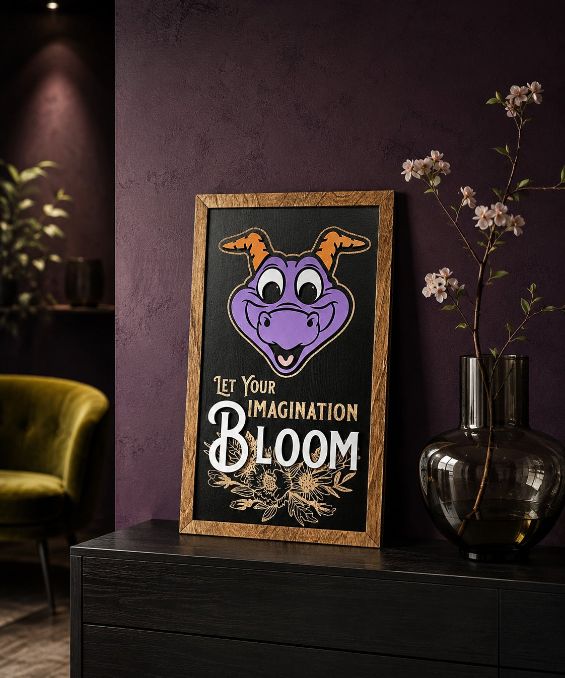 Let Your Imagination Bloom purple dragon framed wood sign styled in a botanical studio