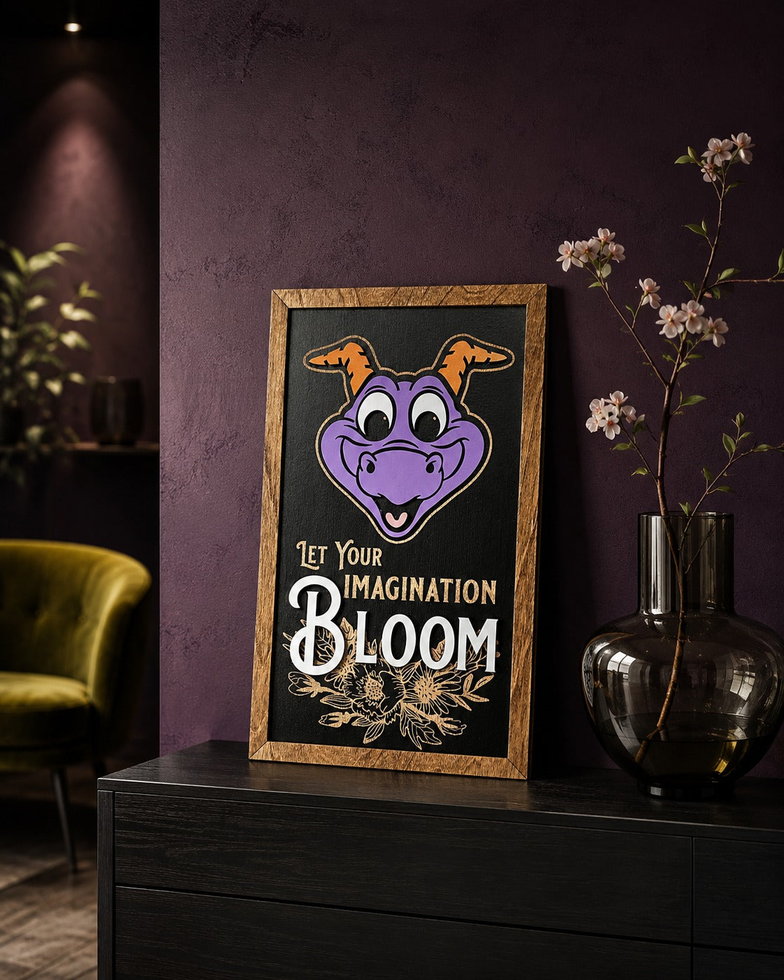Let Your Imagination Bloom purple dragon framed wood sign styled in a botanical studio