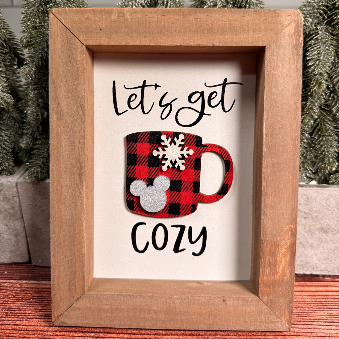 Magical Let's Get Cozy Red & Black Plaid Cup Framed Sign