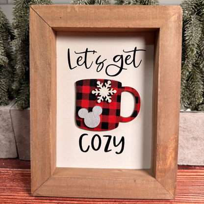 Magical Let's Get Cozy Red & Black Plaid Cup Framed Sign