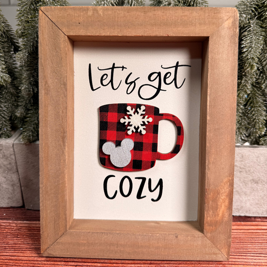Magical Let's Get Cozy Red & Black Plaid Cup Framed Sign