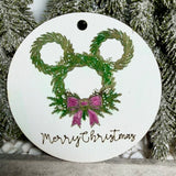 Close-up of the 2026 Merry Christmas mouse pine wreath ornament