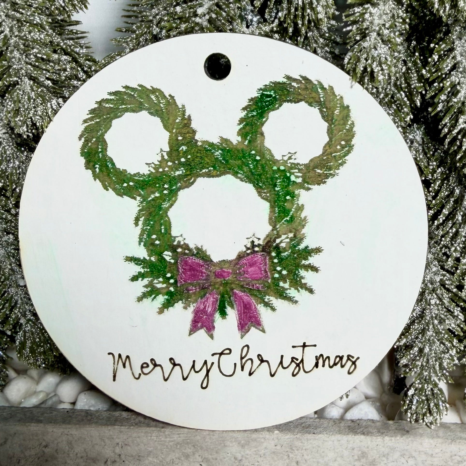 Close-up of the 2026 Merry Christmas mouse pine wreath ornament