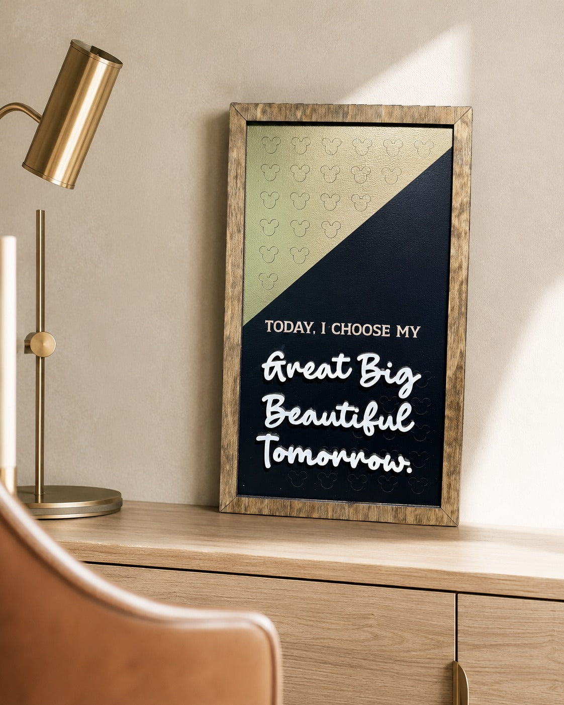 Great Big Beautiful Tomorrow affirmation framed wood sign styled on a shelf in an executive office