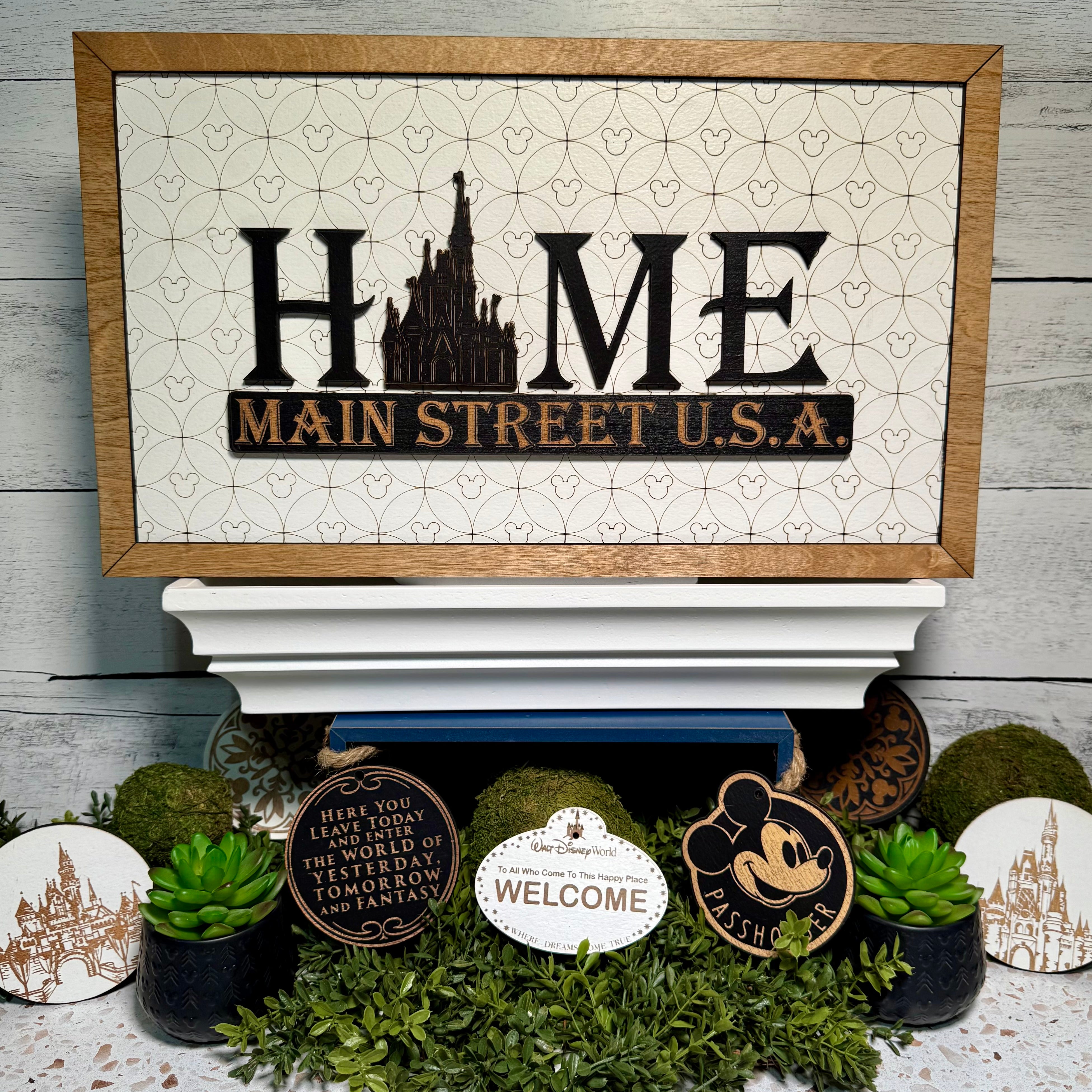 HOME Main Street U.S.A. | Sleeping Beauty Castle Light Background Framed Sign - Handmade by JRW Design Co.