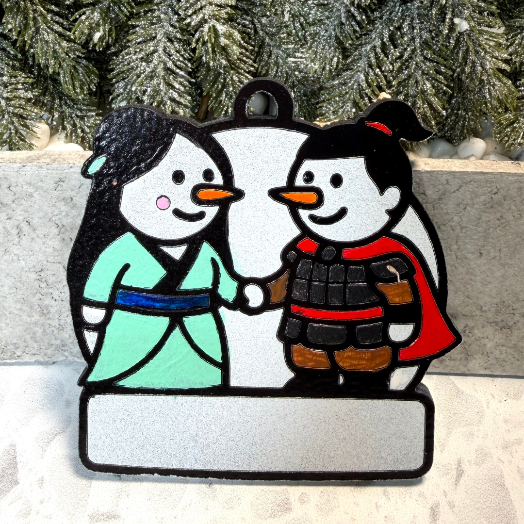 Warrior Couple Snowman Ornament—Personalize