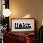 HOME Main Street USA castle framed wood sign styled on an elegant console