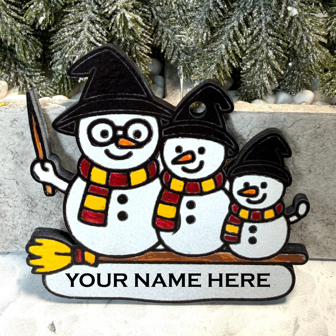 Wizard House Colors Family of Three Snowman Ornament—Peronalize