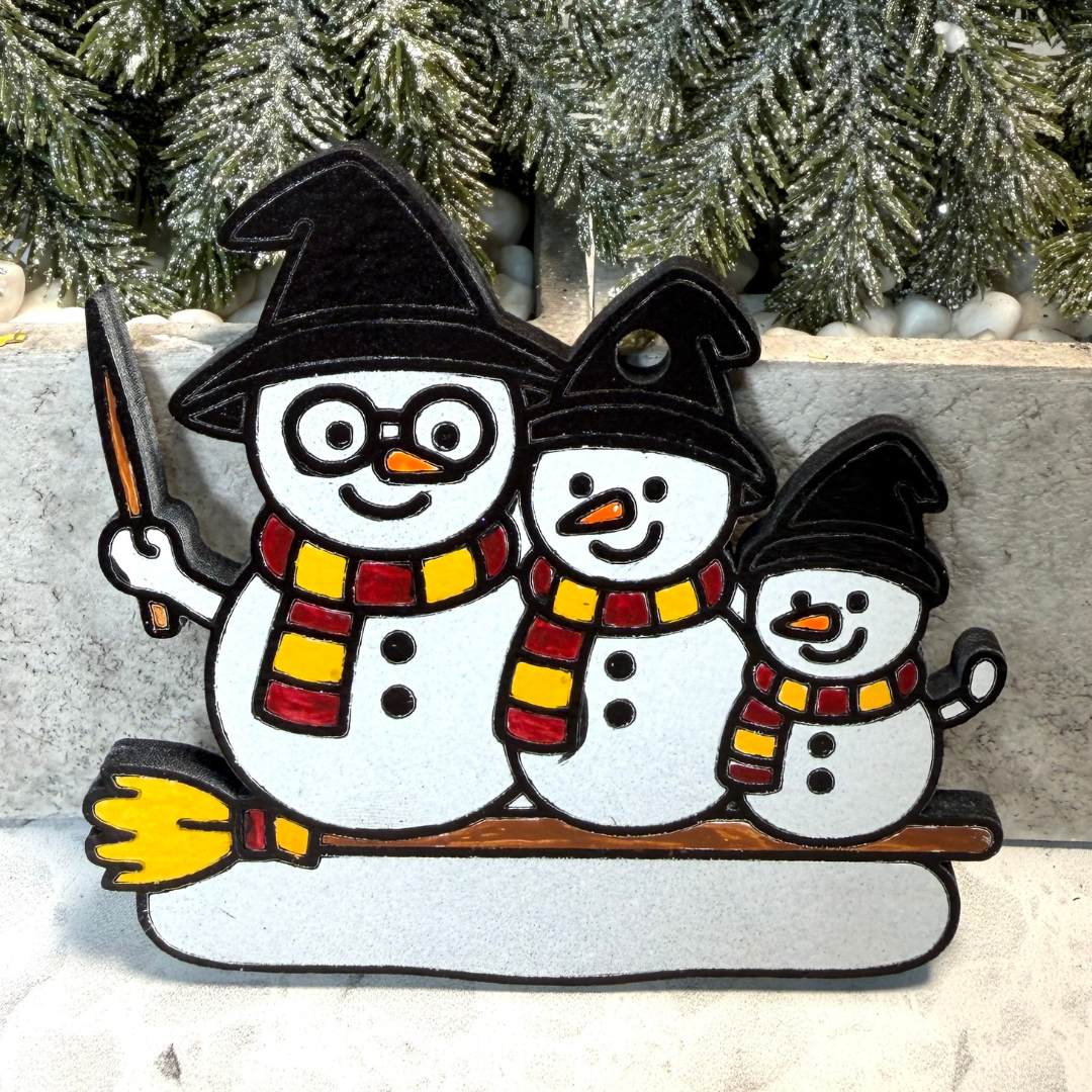 Wizard House Colors Family of Three Snowman Ornament—Peronalize