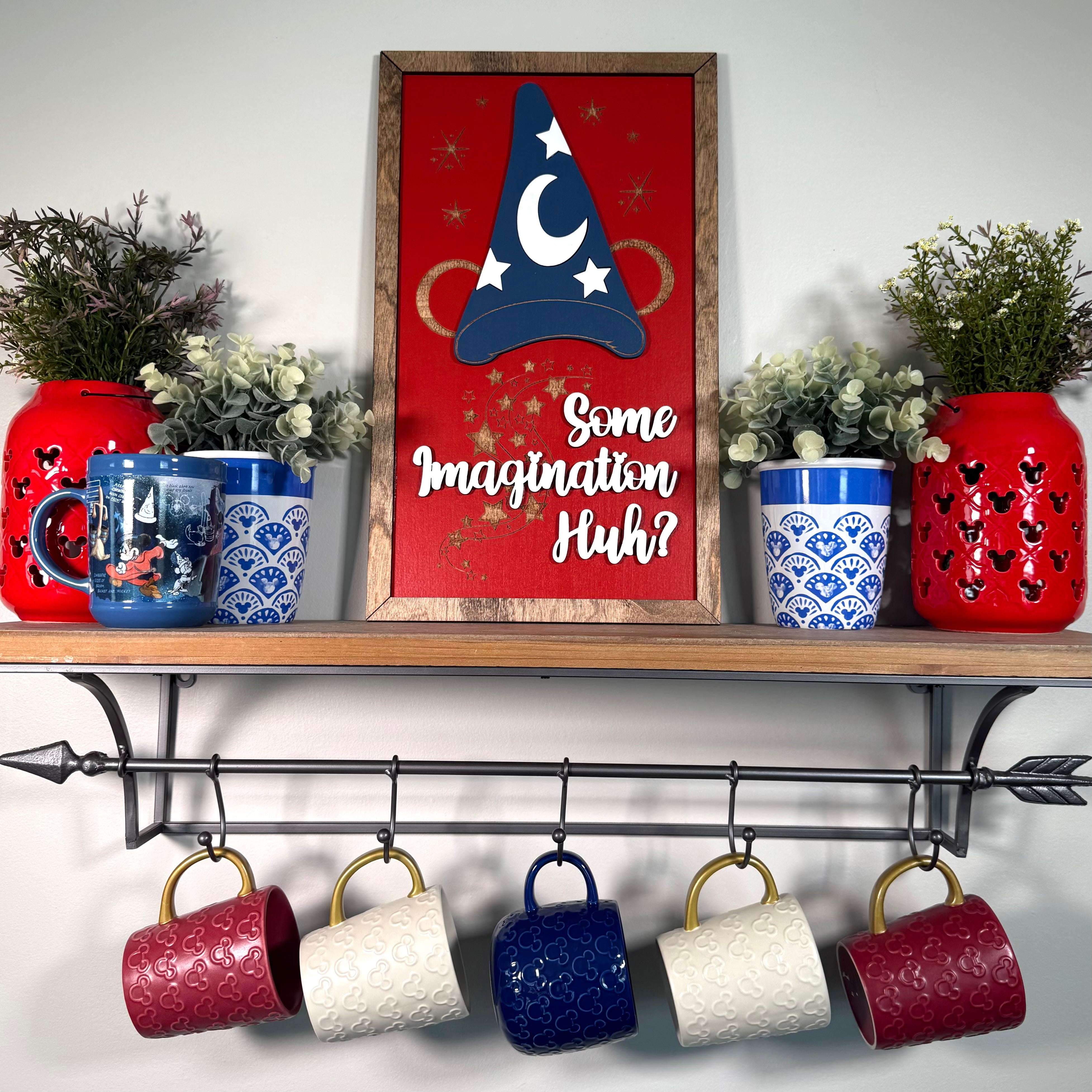 Some Imagination Huh? | Red Background Sorcerer Hat Framed Sign - Handmade by JRW Design Co.