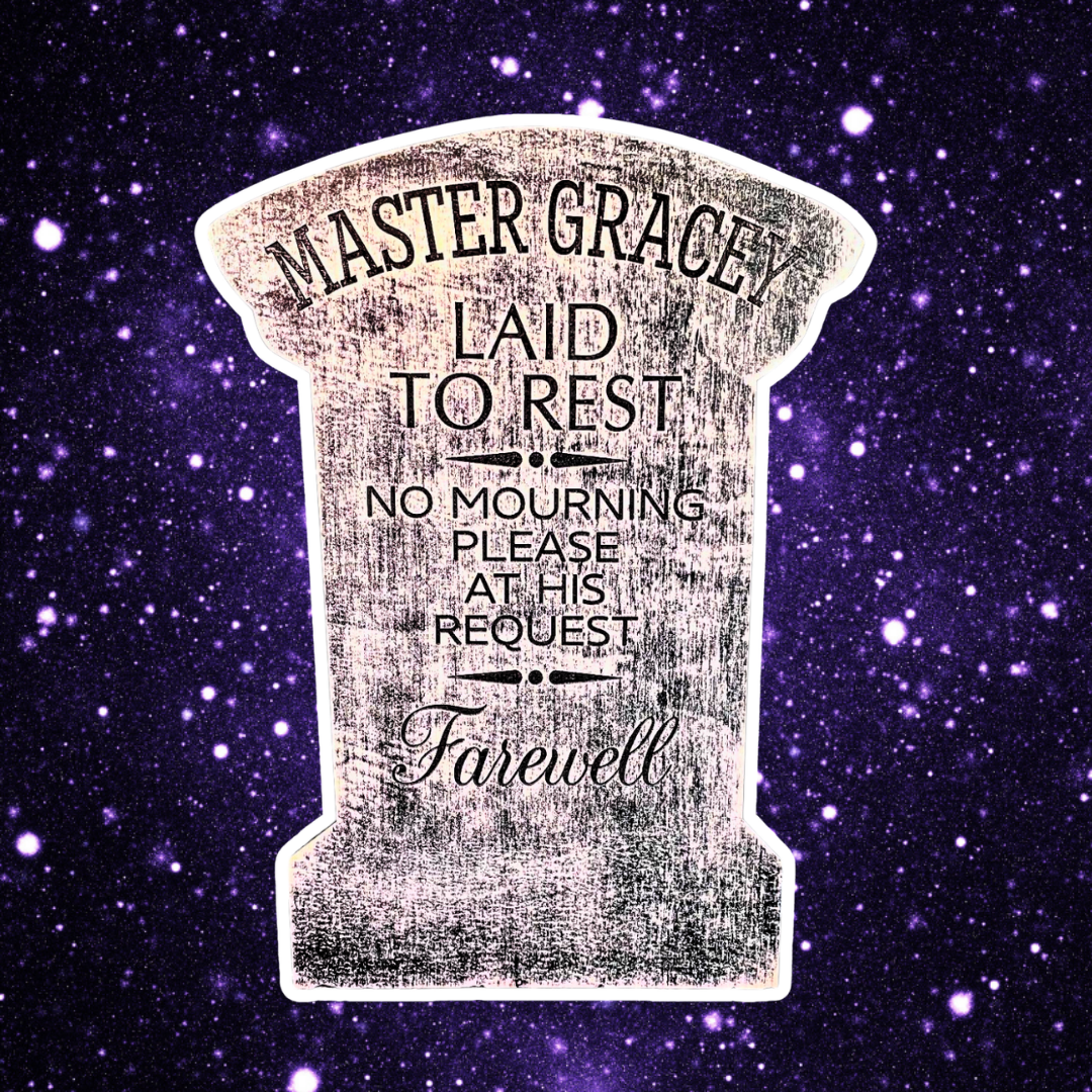 Master Gracey tombstone Halloween sign on starfield background