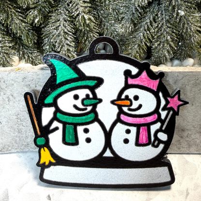Unlikely Witch Duo Snowman Ornament—Personalize