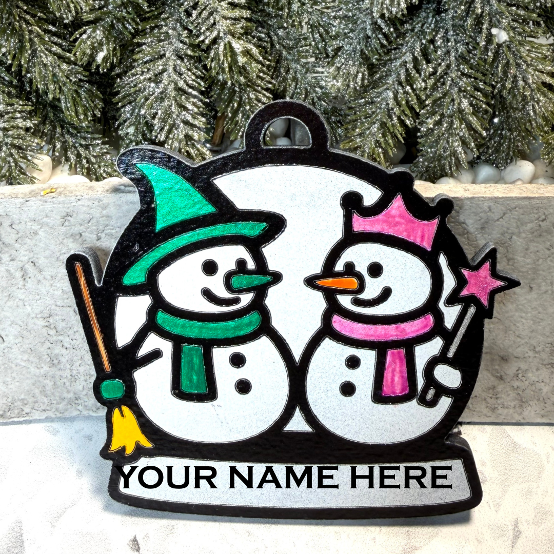Unlikely Witch Duo Snowman Ornament—Personalize