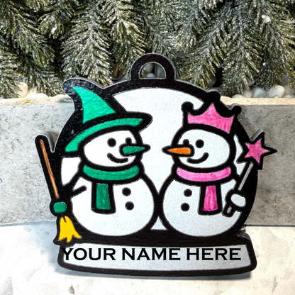 Unlikely Witch Duo Snowman Ornament—Personalize