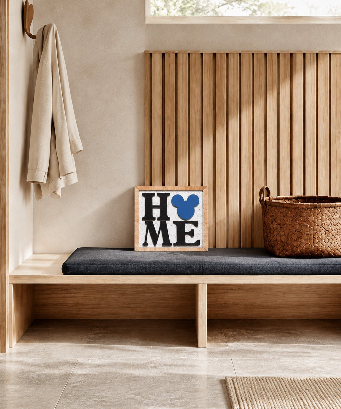 HOME square framed wood sign with blue mouse head icon styled on a pale oak mudroom bench